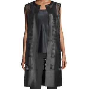 Lafayette 148 Black  Laser-Cut Long Leather Vest